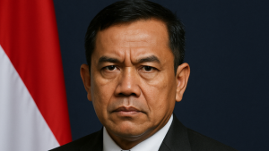 Potret pria Indonesia mengenakan setelan jas hitam dengan papan nama “RUU Perampasan Aset”, berlatar bendera merah putih, menggambarkan simbolisasi pelaku atau pengusung RUU Perampasan Aset di Indonesia.