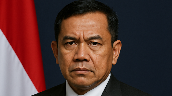 Potret pria Indonesia mengenakan setelan jas hitam dengan papan nama “RUU Perampasan Aset”, berlatar bendera merah putih, menggambarkan simbolisasi pelaku atau pengusung RUU Perampasan Aset di Indonesia.