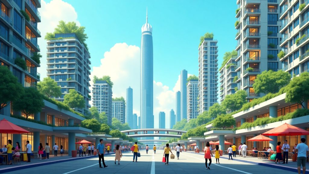 Ilustrasi futuristik kota Jakarta tumbuh keatas dengan deretan gedung bertingkat, apartemen vertikal, ruang publik dan taman di atap, serta masyarakat beraktivitas di lingkungan urban yang modern dan hijau.