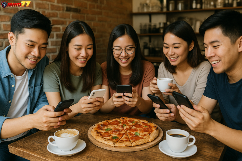 Lima anak muda sedang duduk bersama di kafe sambil bermain game online di ponsel, ditemani pizza dan kopi.