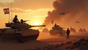Konflik militer antara pasukan Israel, Iran, dan Amerika Serikat di gurun Timur Tengah dengan latar senja, memperlihatkan tank, tentara berseragam modern, pesawat tempur di langit, dan asap pertempuran di kejauhan.
