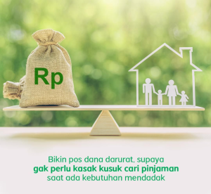 Ilustrasi dana darurat Manulife dengan timbangan uang dan keluarga sebagai simbol keseimbangan finansial