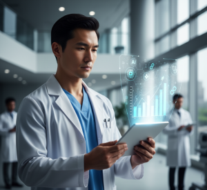 Dokter menggunakan tablet dengan grafik hologram futuristik di bidang medis dan teknologi kesehatan