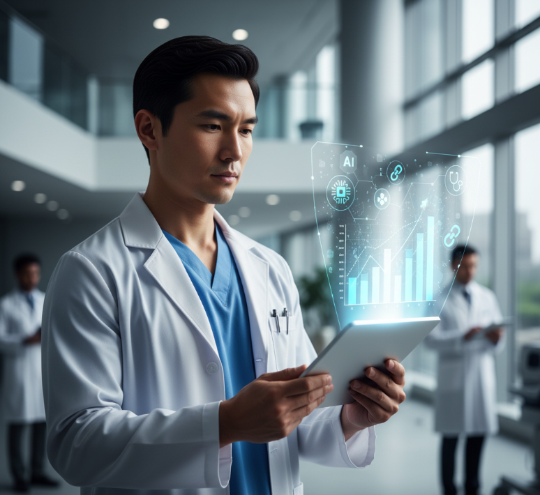 Dokter menggunakan tablet dengan grafik hologram futuristik di bidang medis dan teknologi kesehatan